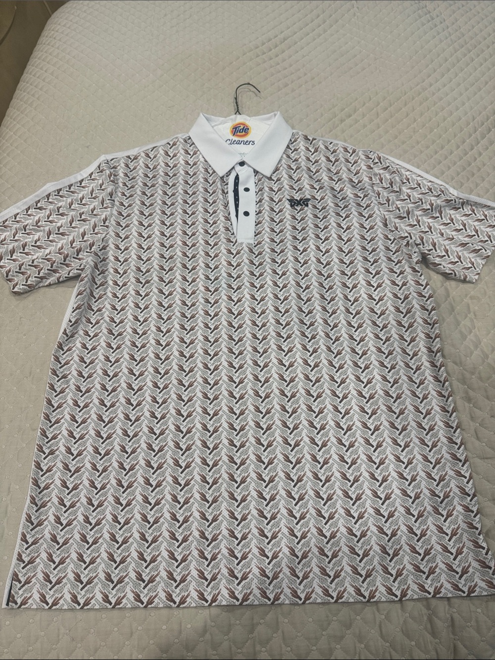 PXG White Polo with Brown Pattern and Contrast Collar